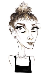 オードリー・ヘップバーン（1929-1993）ベルギー生まれの女優、1961年の映画「ティファニーでの朝食（ブレイク・エドワーズ監督）」のホリー・ゴライトリー役のカラー風刺画 作： Neale Osborne